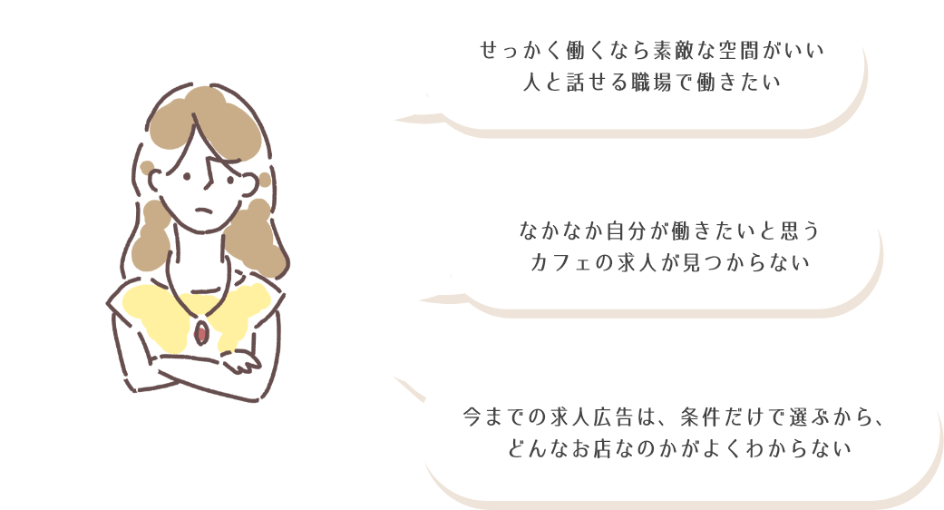 せっかく働くなら素敵な空間がいい人と話せる職場で働きたい　なかなか自分が働きたいと思う　カフェの求人が見つからない　今までの求人広告は、条件だけで選ぶから、どんなお店なのかがよくわからない