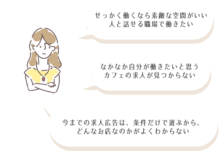 せっかく働くなら素敵な空間がいい人と話せる職場で働きたい　なかなか自分が働きたいと思う　カフェの求人が見つからない　今までの求人広告は、条件だけで選ぶから、どんなお店なのかがよくわからない